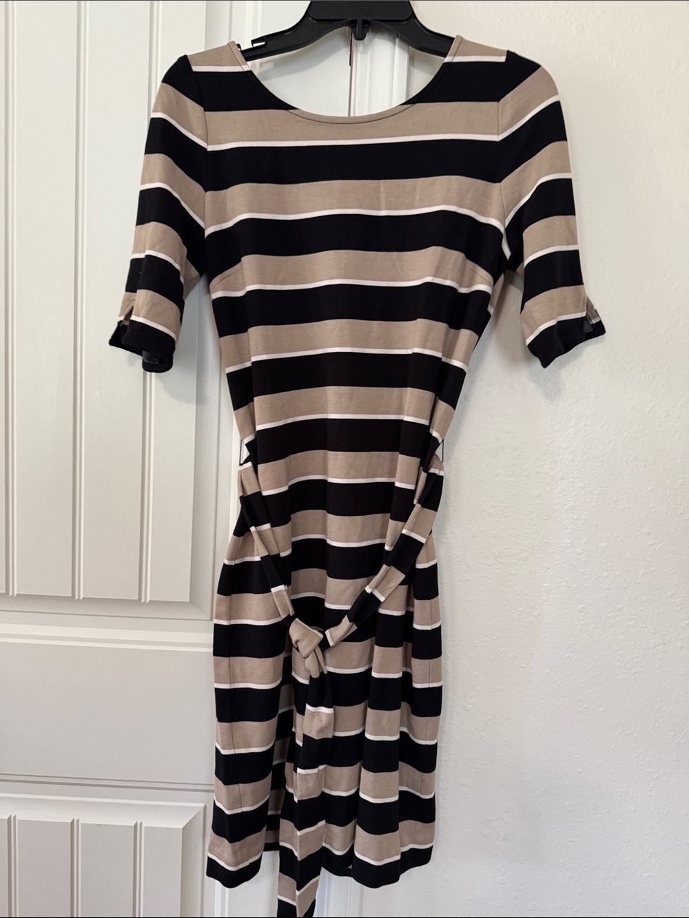 Striped Knot-Front Women’s Dress in Black and Tan